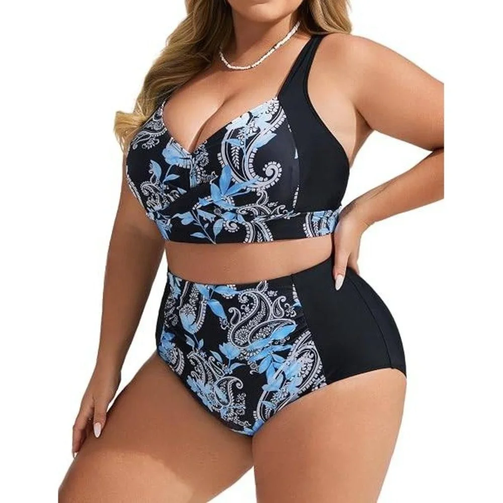 Hanna Nikole Womens Bikini Set Blue Paisley High Waisted Tummy Control New‎ M